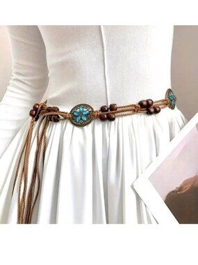 BELT Braided Macramé Waist Rope Wood Beads Rhinestones Boho Hippie Sexy Trendy